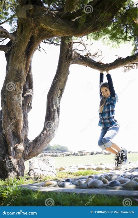 Tween Girl Swinging From Tree Branch Stock Image Image Of Childhood
