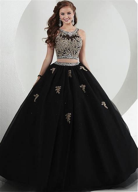 Black Gold Appliques Two Pieces Ball Gown Prom Dresses 2017 Long Floor