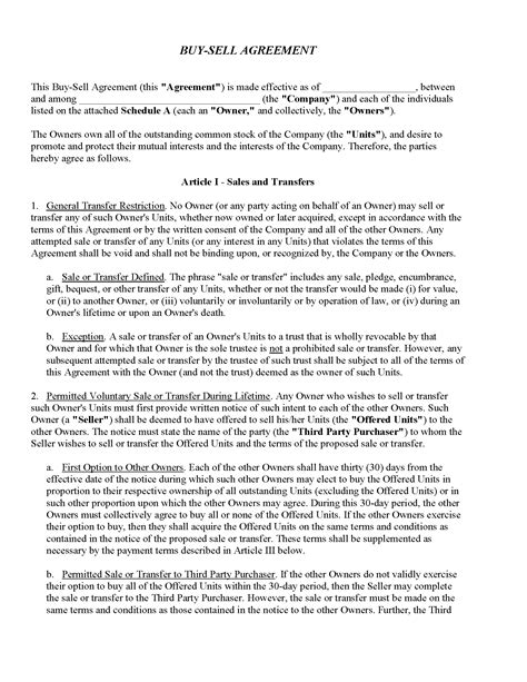 Buy Sell Agreement Fillable Pdf Free Printable Legal Forms