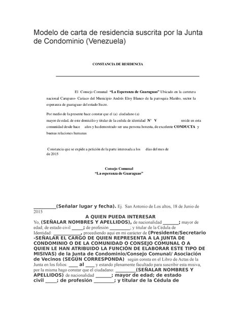 Modelo De Carta De Residencia Suscrita Por La Junta De Condominio