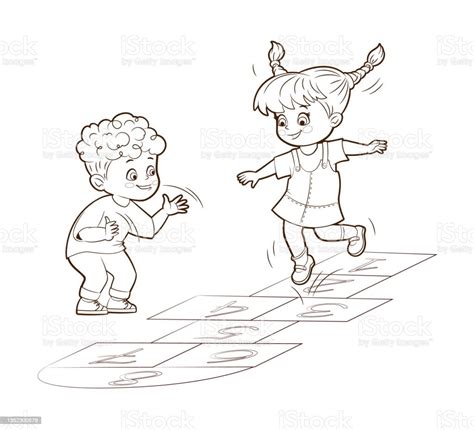 kolorowanka małe dzieci chłopiec i dziewczynka zabawa w skakanie gra w chmiel ilustracja