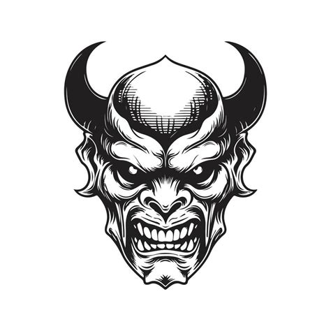 Demon Face Vintage Logo Line Art Concept Black And White Color Hand