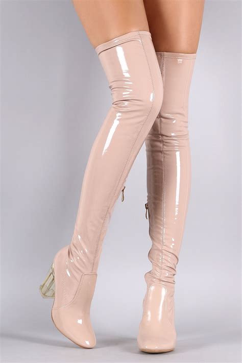 Patent Leather Chunky Lucite Heeled Over The Knee Boots Above Knee Boots Lucite Heels