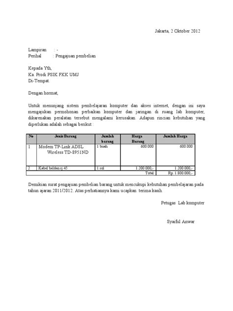 Ketua tim pengadaan barang non medis dan gizi rumah sakit sehat permata jl melati no. Contoh Surat Permohonan Permintaan Barang - Contoh Surat
