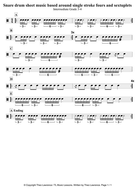 Snare Drum Sheet Music Based Around Single Stroke Fours And Sextuplets