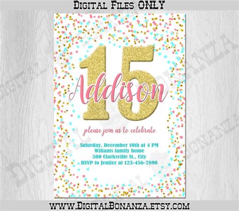 15th Birthday Invitation Pink Teal Gold Confetti Birthday Invitation