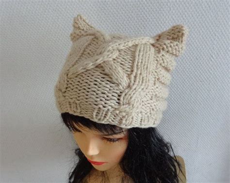 Knit Cable Cat Ears Hat Cat Beanie Chunky Knit Winter By Ifonka 2800