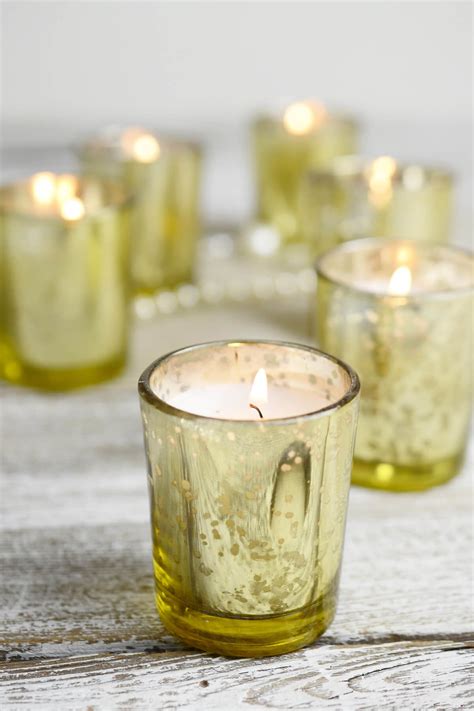 12 Pre Filled Candles Gold Mercury Glass Votive Holders 8 Hour Burn Time Unscented 2in Wide X 2