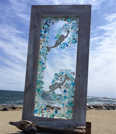 Sea Glass Panel With Mermaids Swimming In A Swirl Sea Glass Art Sea Glass Crafts Beach Glass Art