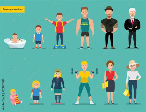 People Generations At Different Ages Flat Cartoon Illustration Stock