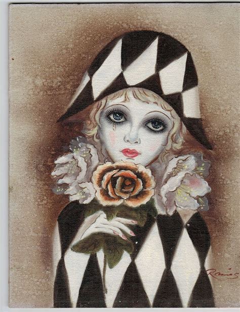 Signed Painting On Wood Harlequin Pierrot Girl With Flower Like Mira