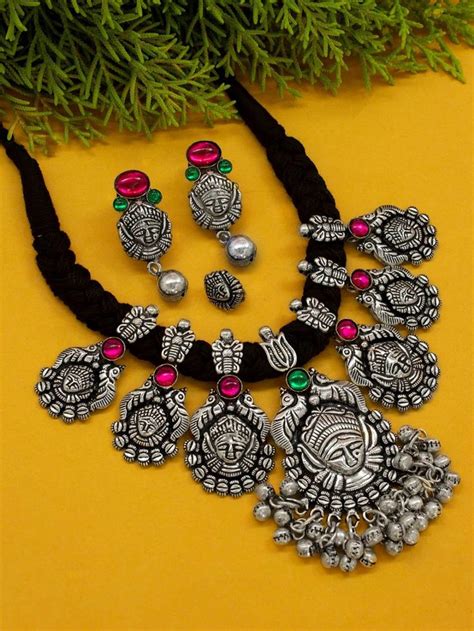 Oxidized German Silver Durgama Design Choker Necklace Set With Nose Pin