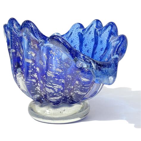 Barovier Toso Murano Cobalt Blue Silver Flecks Italian Art Glass Shell