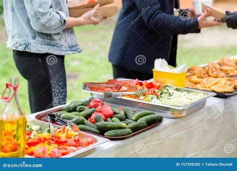 Picnic Catering Buffet Food Table Vegetarian Dishes Stock Photo