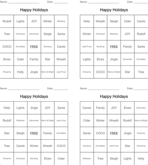 Happy Holidays Bingo Cards Wordmint