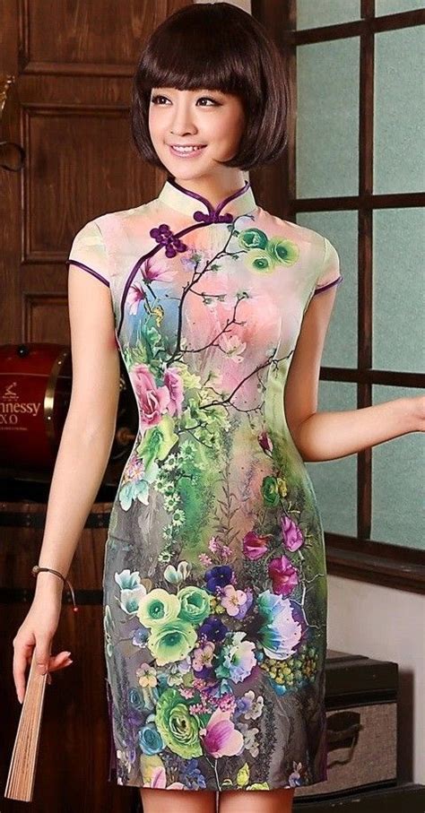 Modern Pure Silk Qipao Day Dress With Colorful Flowers Print Oriental