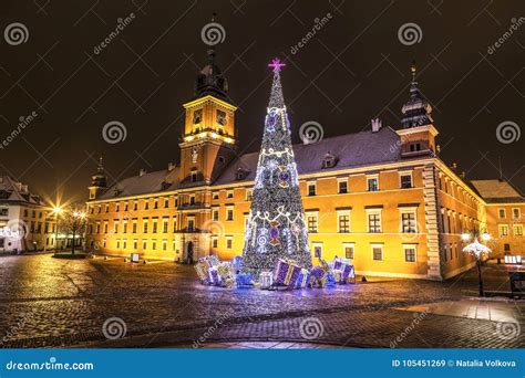 Warsaw Castle Square During The Christmas Holidays At Night Stock
