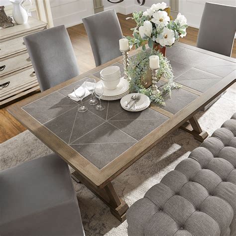Pennington Grey Wood Rectangular Tile Top Trestle Dining Table By Inspire Q Artisan Dining
