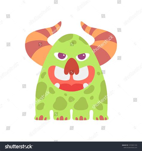 Cute Green Monster Horns Friendly Funny Stock Vector Royalty Free