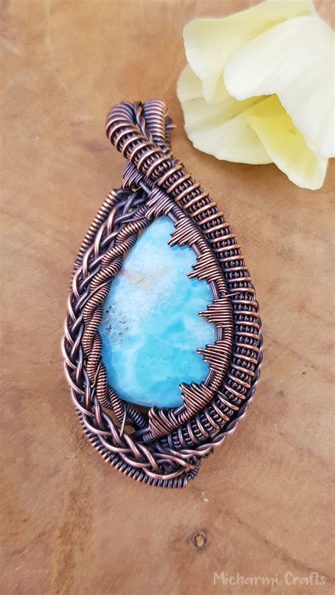 Light Blue Boho Larimar Stone Pendant Necklace Copper Wire Wrap