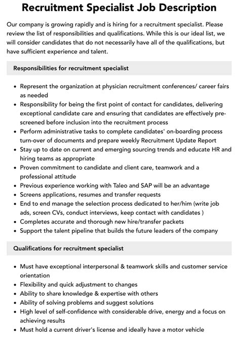 Recruitment Specialist Job Description Velvet Jobs