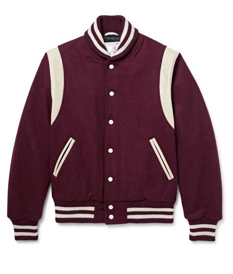 Burgundy Varsity Jacket Trimmed Leather Teddy Wool Jacket Jackets