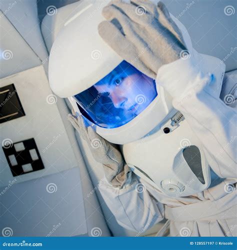 Portrait Of A Young Beautiful Woman Astronaut Close Up Stock Image