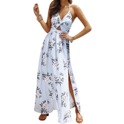 2018 Sexy Summer Backless Floral Print Sundress Womens Halter Split Dresses Bandage Deep V Neck