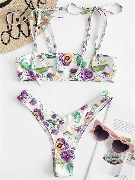 Zaful Flower Cami High Leg Bikini Set Women Summer Sexy Two Pieces Swimsuit High Cut Tie
