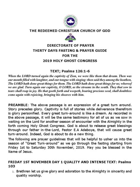 Rccg 30 Days Fasting And Prayer Guide November 2019 Pdf God The