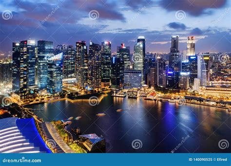 Fantastic Night View Of Skyscrapers At Downtown Of Singapore Stock