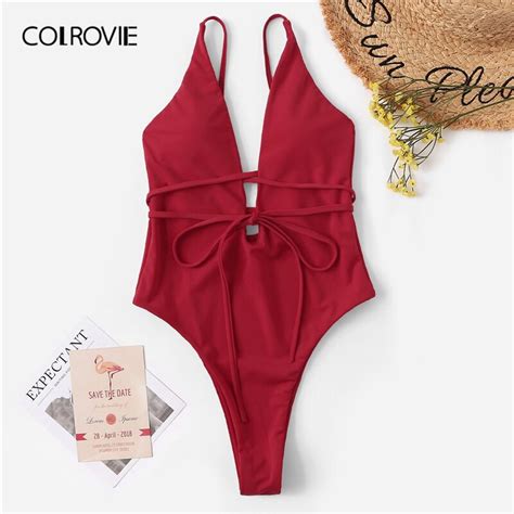 Colrovie Red Low Back Deep Plunge Backless Belted One Piece Swimwear