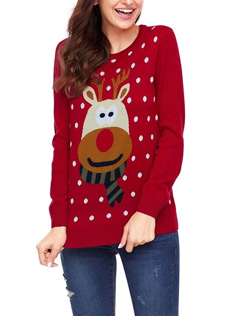 Women Knited Holiday Pullover Christmas Cute Reindeer Sweater Red