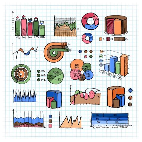 Colored Graphs Charts And Diagrams On Grid Lines Stock Vector