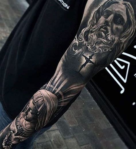 full arm sleeve religious themed guys 3d jesus tattoo designs jesus tattoo sleeve christian