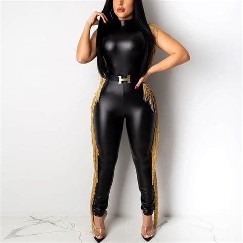 Buy Cheap Women Pu Leather Jumpsuit High Neck Sleeveless Tassel Detail Womens Romper And