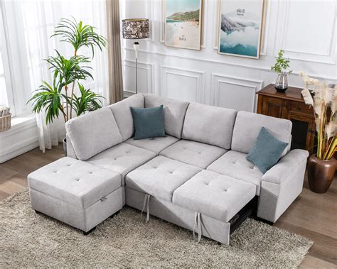 Merax 86 Linen Reversible Sectional Couch With Pull Out Sleeper L