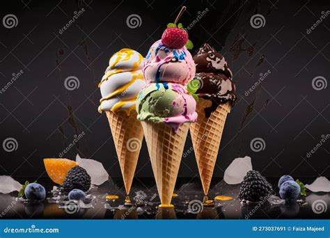 Front View Of Real Edible Ice Cream Cone With 3 Different Scoops Of Ice Cream Generative Ai
