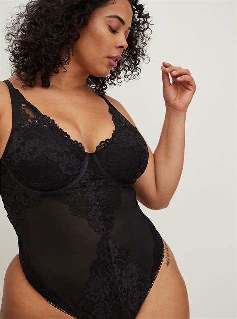 Plus Size Black Mesh And Lace Underwire Thong Bodysuit Torrid