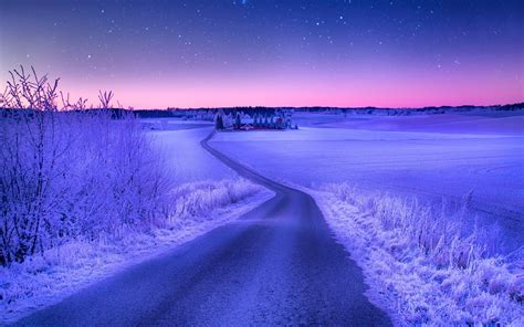 Landscape Nature Road Winter Snow Field Stars Evening Sunset
