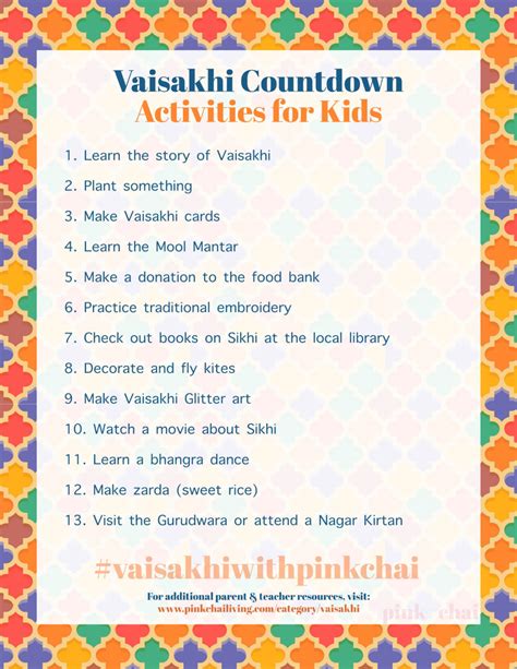 Vaisakhi Activities 2018 Countdown Calendar For Kids Pink Chai