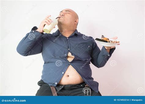 Asian Bald Fat Man With Big Belly Happy In Food Royalty Free Stock