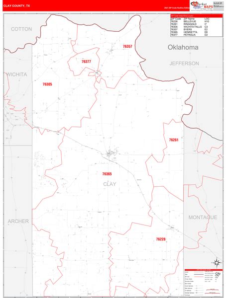 Clay County Tx Zip Code Wall Map Red Line Style By Marketmaps