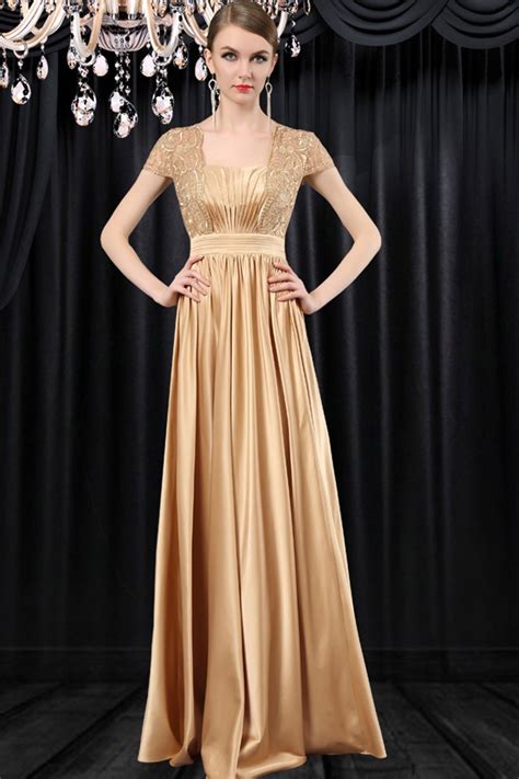 formal sequare neck cap sleeve long gold satin lace mother of the bride evening dress