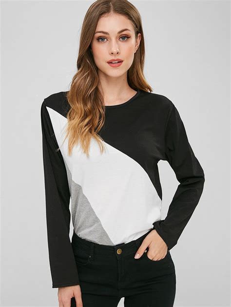 Long Sleeve Color Block Tricolor Tee Black M Womens Tees Casual Fashion Favorite Shirts