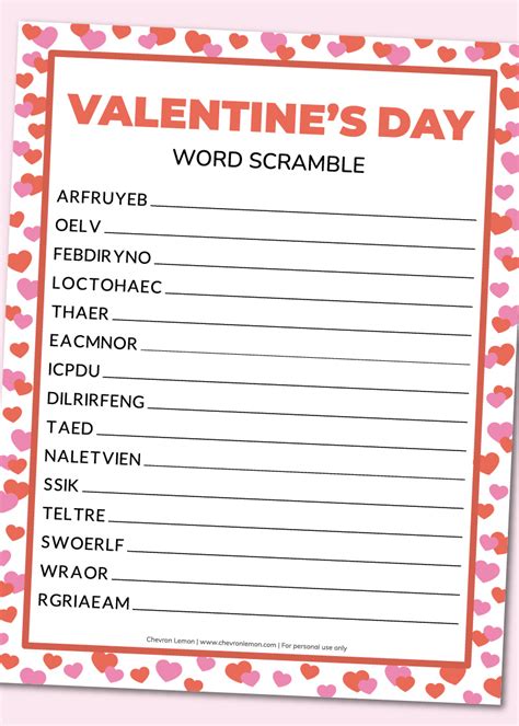 Free Printable Valentines Day Word Scramble Chevron Lemon