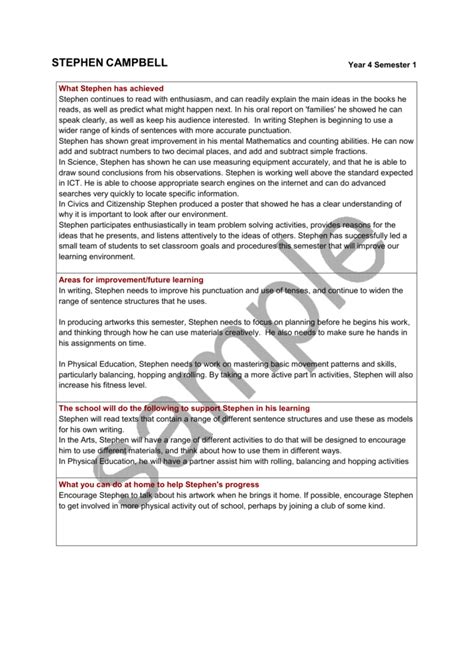 Sample Primary School Report Template