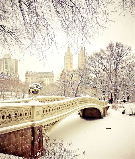 Central Park Winter Snow At Bow Bridge New York City New York