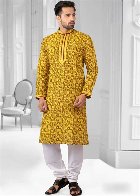 Panash Men Buy Readymade Yellow Cotton Printed Kurta Pyjama Online Work Print Color