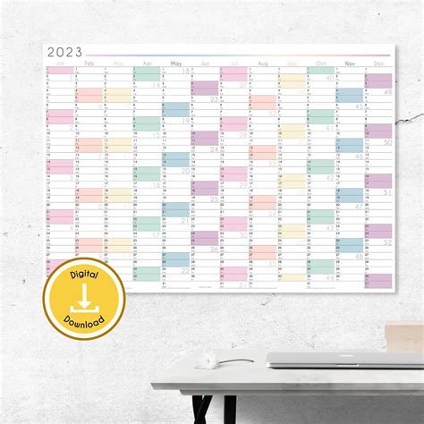 2023 Yearly Wall Calendar Printable Pastel Rainbow Colors Etsy